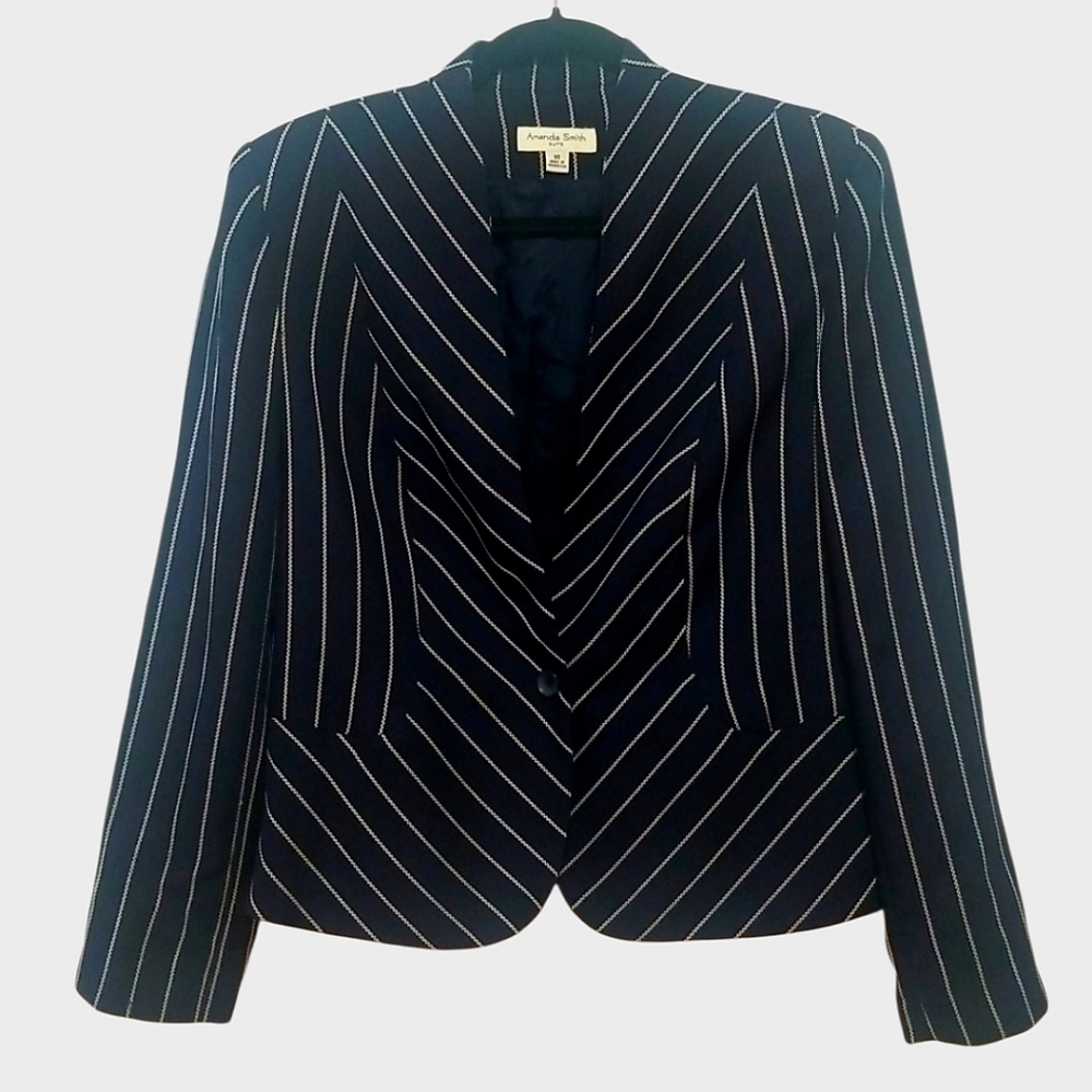 Amanda Smith Suits Navy and White Stripes Pattern One-Button Blazer Jacket